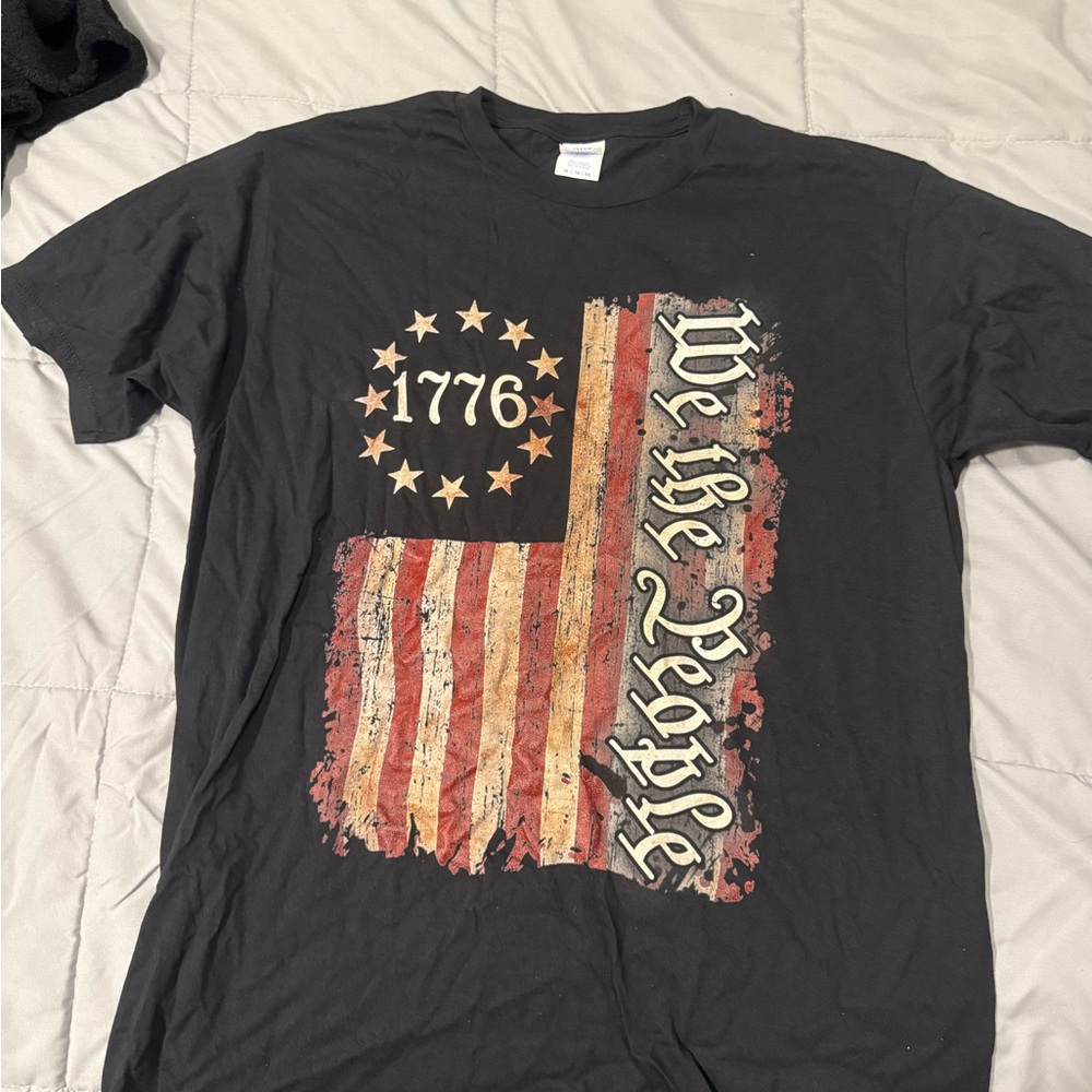 Black Short Sleeve Tee with Vintage Flag Design